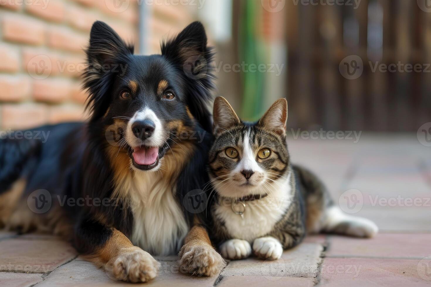 Friendly dog and cat lying together outdoors photo