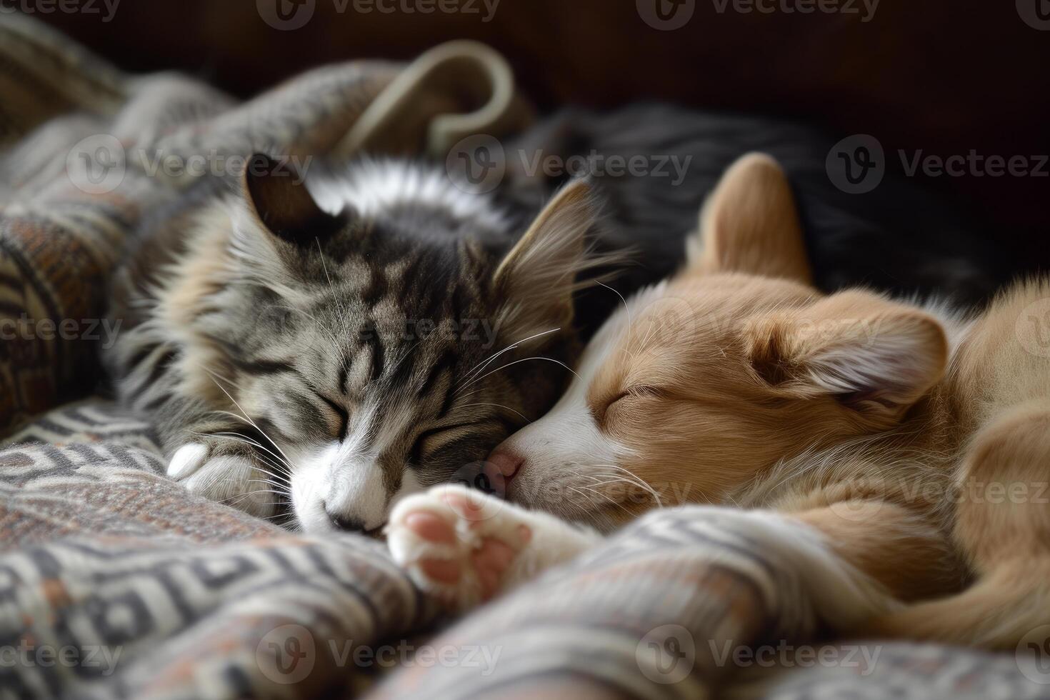 Peaceful cat and dog sleeping together photo
