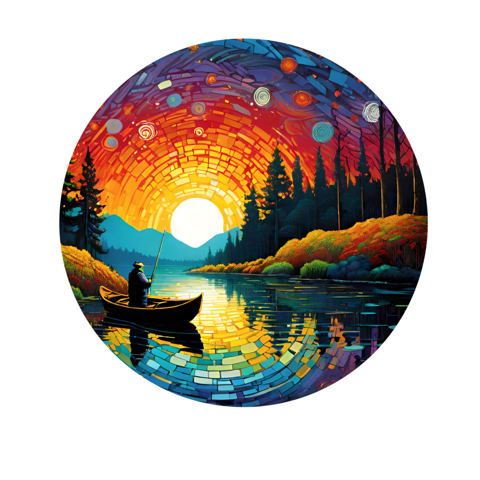 a painting of a man in a boat on a lake with a sunset png