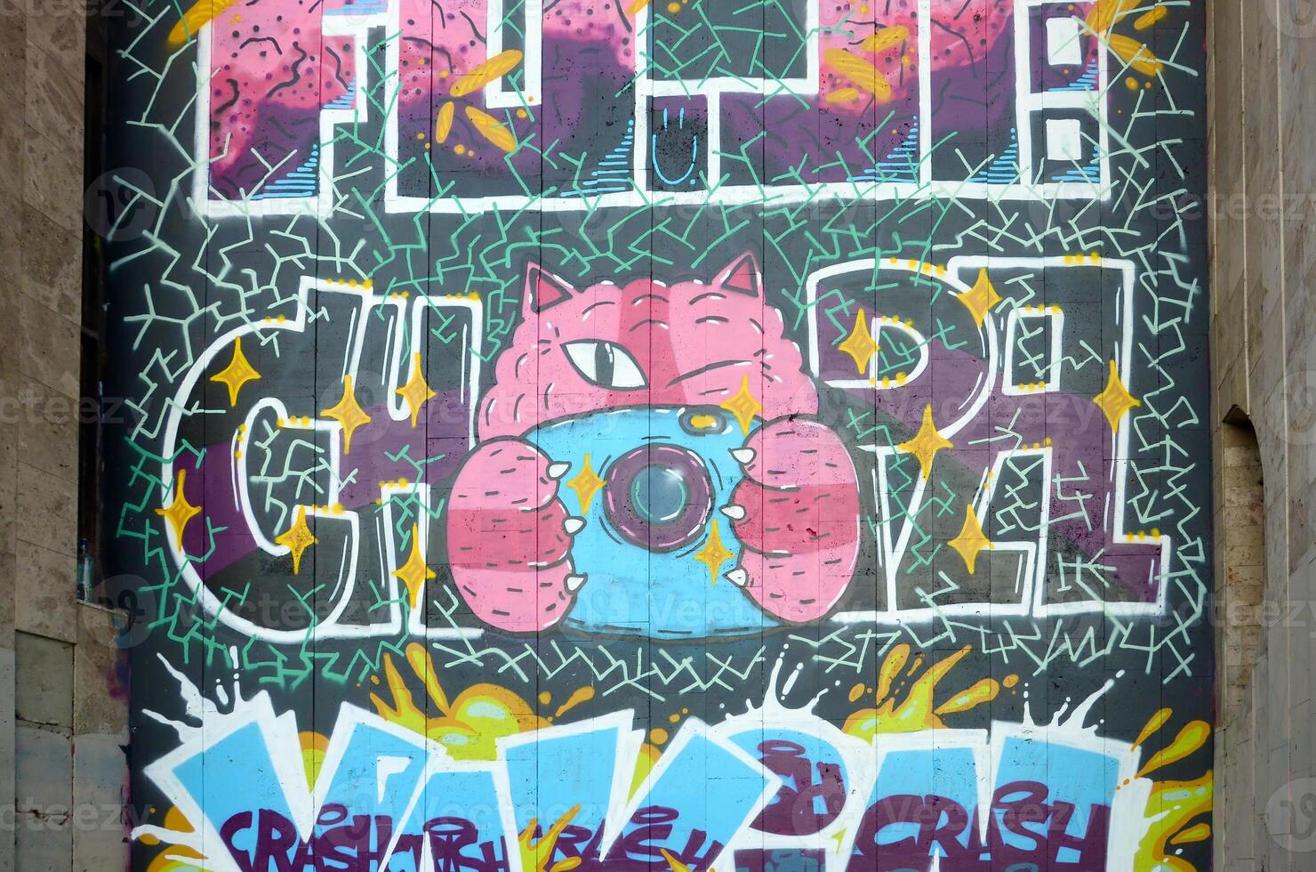 Colorful background of graffiti painting artwork with bright aerosol outlines on wall. Old school street art piece made with aerosol spray paint cans. Contemporary youth culture photo