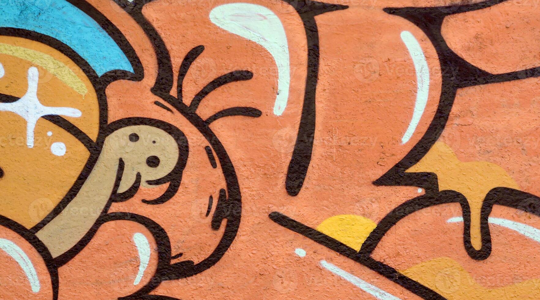 Colorful background of graffiti painting artwork with bright aerosol outlines on wall. Old school street art piece made with aerosol spray paint cans. Contemporary youth culture photo