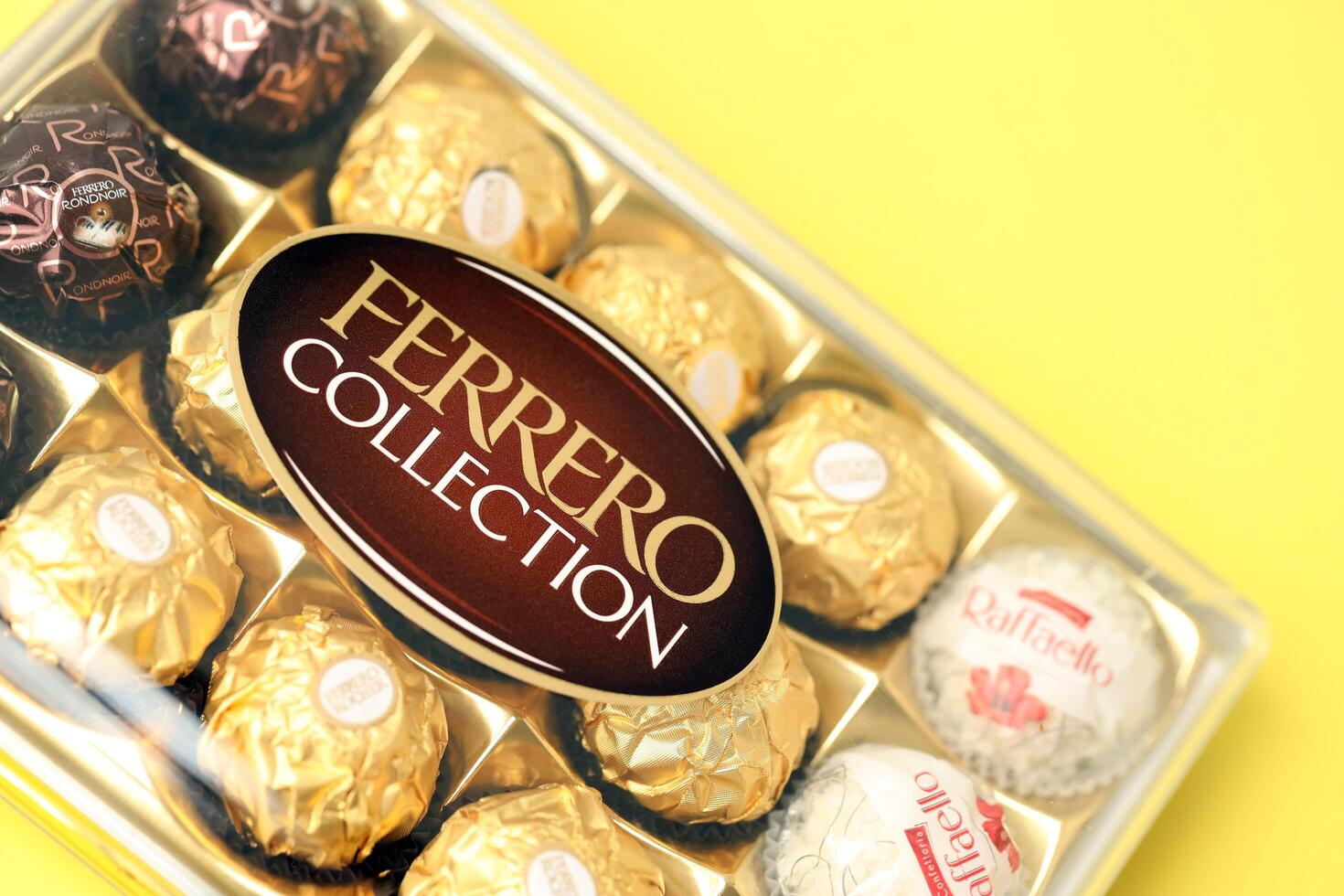 KYIV, UKRAINE - APRIL 20, 2024 Ferrero collection chocolate products. Ferrero Rocher is chocolate confectionery produced by Italian chocolatier which was founded in 1946 photo