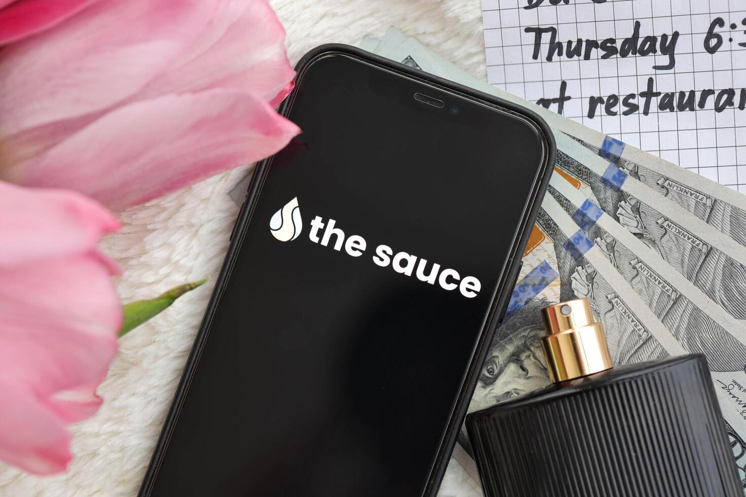 KYIV, UKRAINE - FEBRUARY 23, 2024 The Sauce logo of famous dating website or app on iPhone display photo