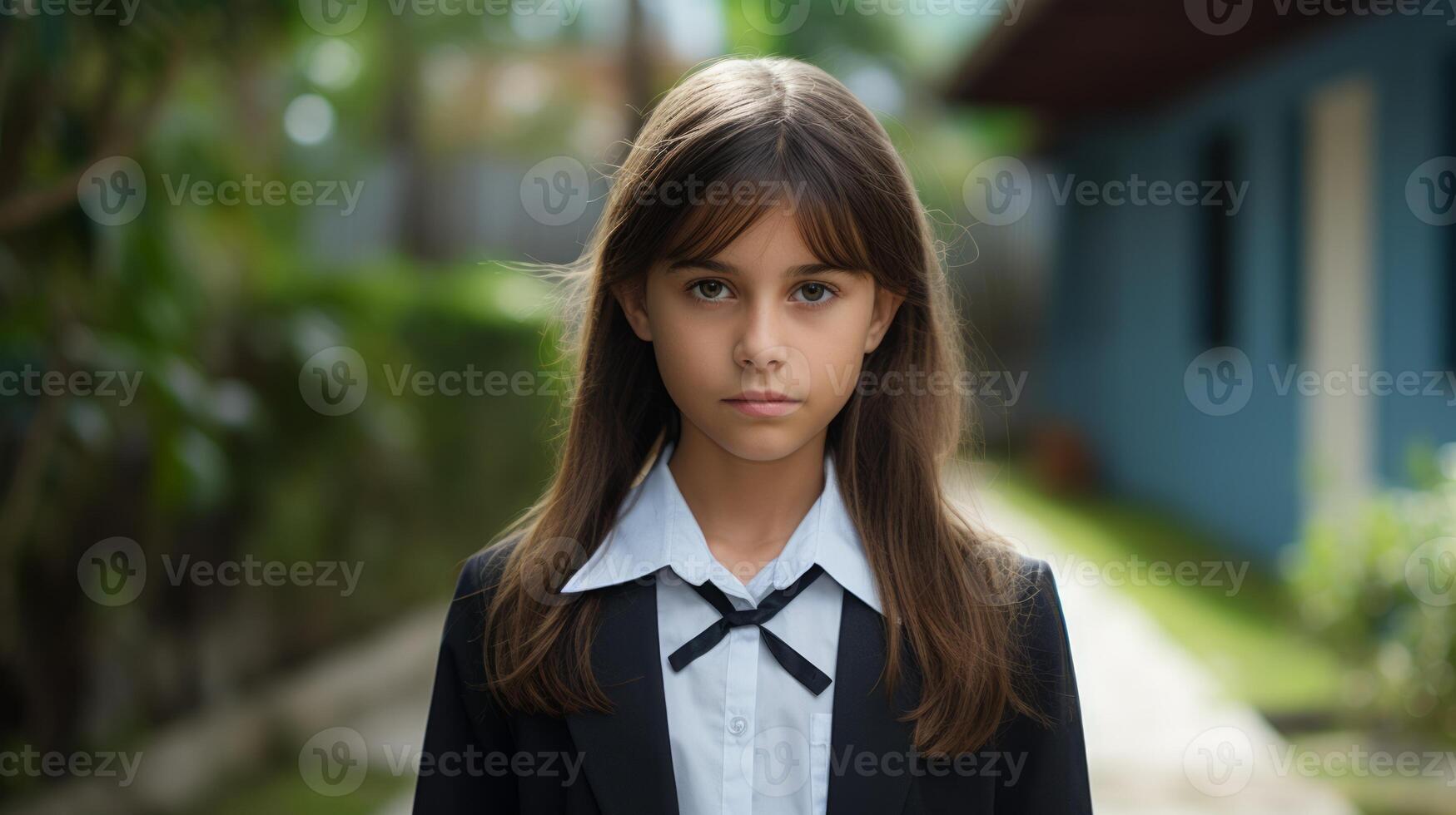 Young schoolgirl outdoors. Neural network photo