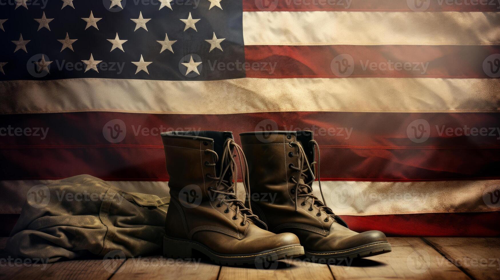 Old combat boots and dog tags with American flag. Neural network photo