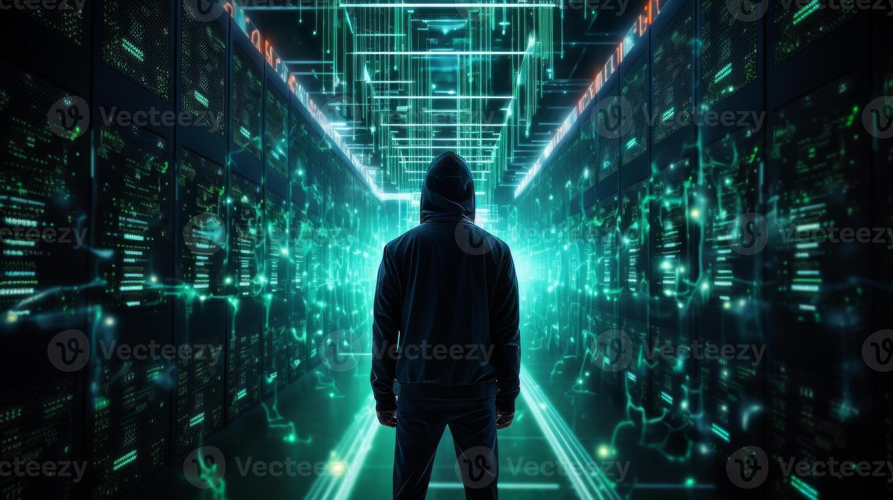 Silhouette of a male hacker in a server room. Neural network photo