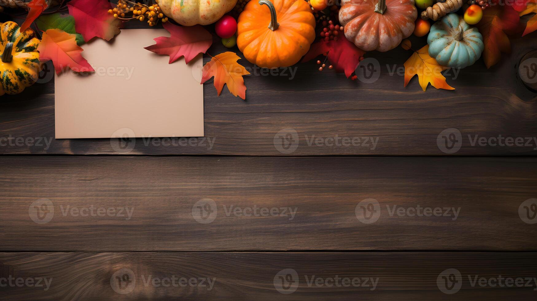 Thanksgiving background decoration from dry leaves and pumpkin on old wooden background. Neural network photo