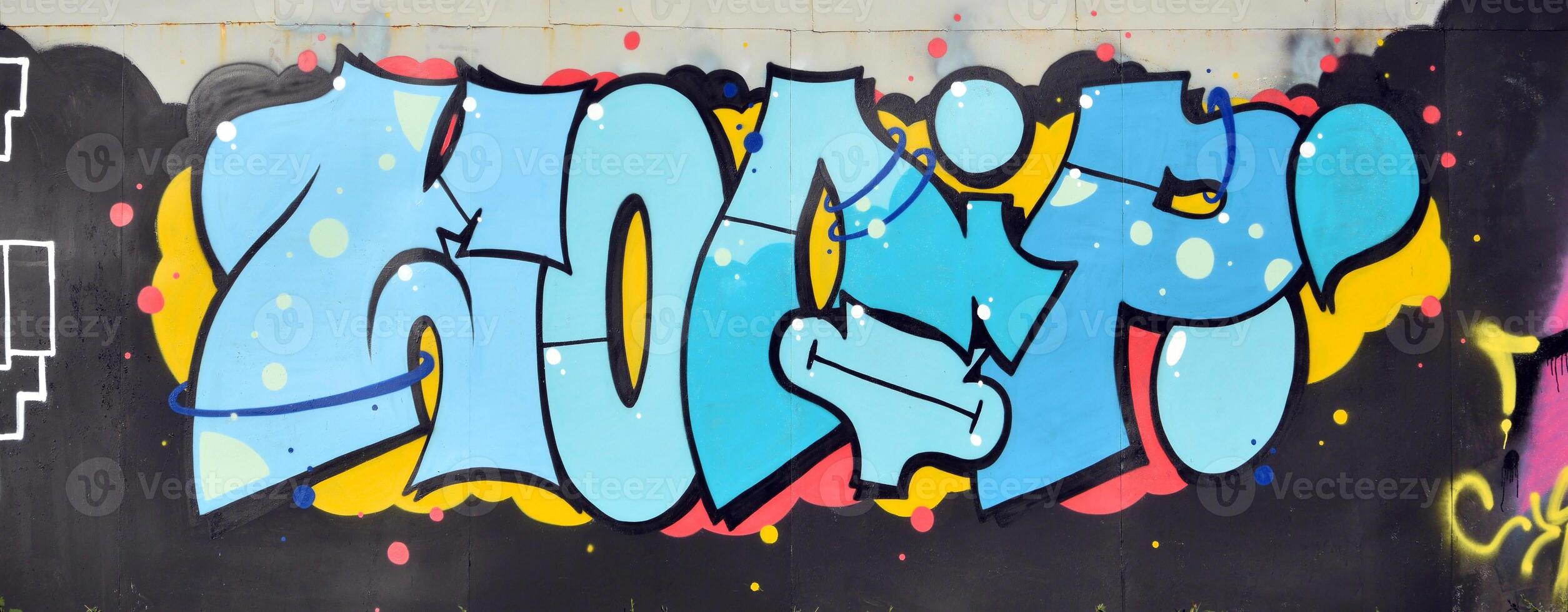 Colorful background of graffiti painting artwork with bright aerosol outlines on wall. Old school street art piece made with aerosol spray paint cans. Contemporary youth culture photo