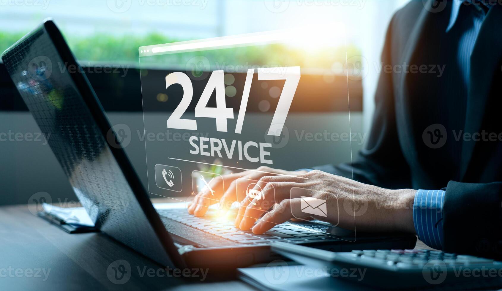 Customer service, nonstop service concept. service or activity will operate or be provided continuously without interruption throughout the day or week, 24 hours a day and 7 days a week. photo