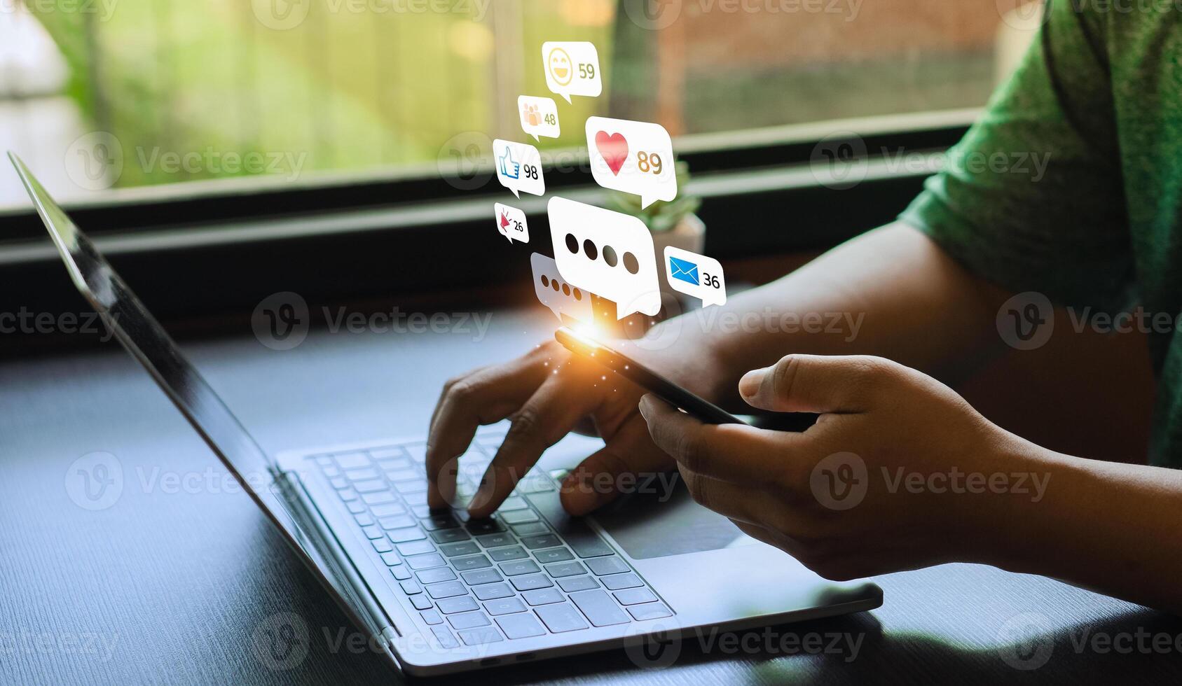 Young Man Using Smartphone with Multiple Social Media Notifications Displayed on Screen, Engaging in Digital Communication and Social Networking, Busy Lifestyle with Technology Interaction photo