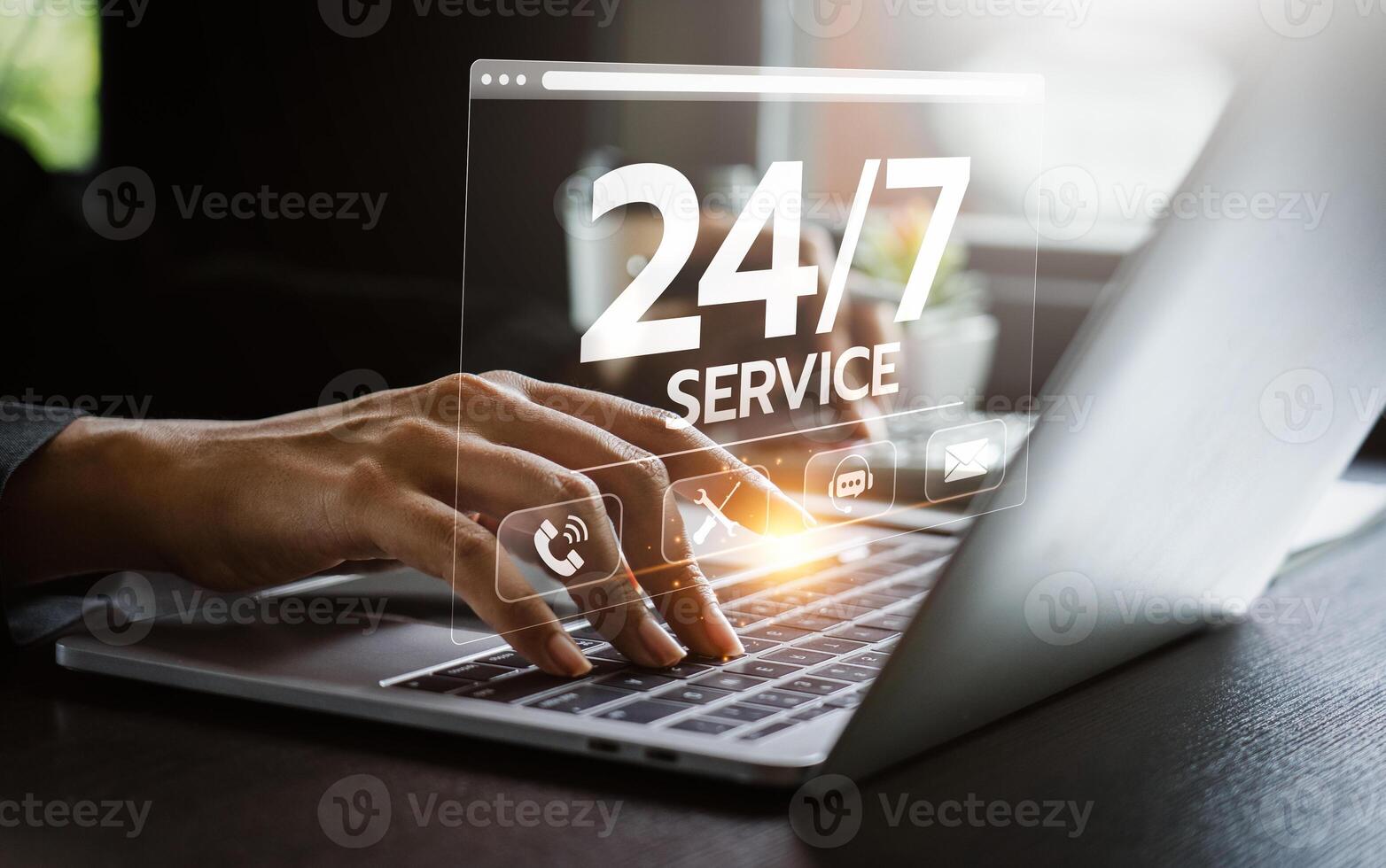 Customer service, nonstop service concept. service or activity will operate or be provided continuously without interruption throughout the day or week, 24 hours a day and 7 days a week. photo