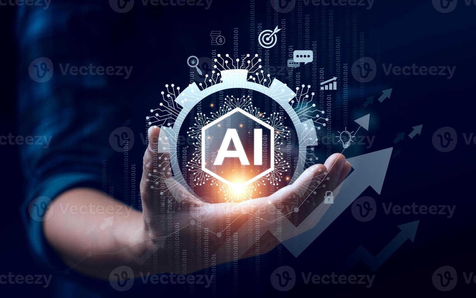 Hand Holding AI Symbol Surrounded by Digital Interface and Circuit Elements, Representing Artificial Intelligence and Technological Advancement in a Futuristic, High Tech, and Data Driven Environment photo