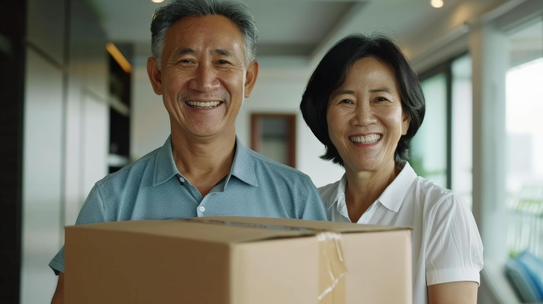 Smiling senior couple holding a cardboard box, standing in a modern living room, ready for moving or receiving a package. photo
