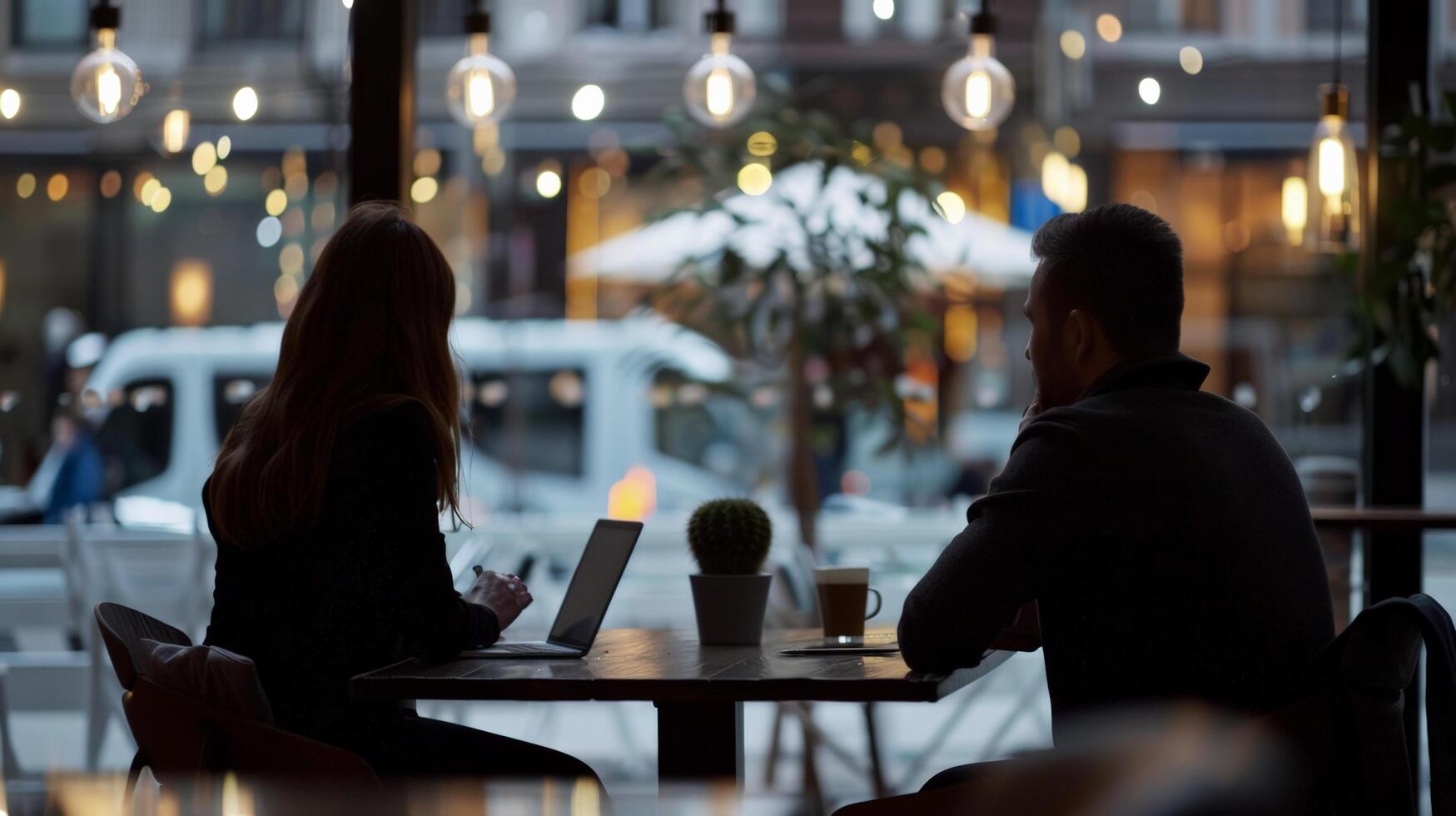 Silhouettes of two people sitting at a cafe table with laptops, surrounded by hanging lights in a cozy urban setting. photo