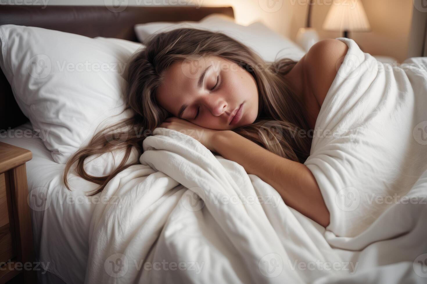 A young woman with long brown hair sleeps peacefully in a cozy bed, wrapped in white bedding. The serene bedroom setting exudes comfort and tranquility. photo