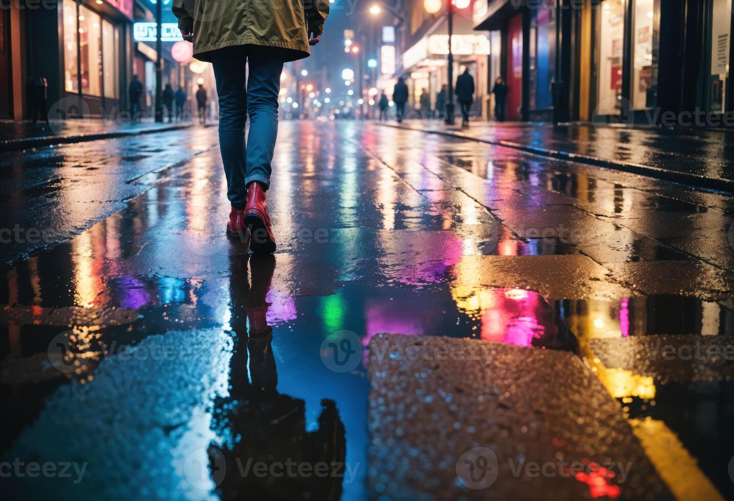 A person walks through a wet, neon-lit city street at night, with colorful reflections on the pavement, capturing the dynamic urban nightlife. photo