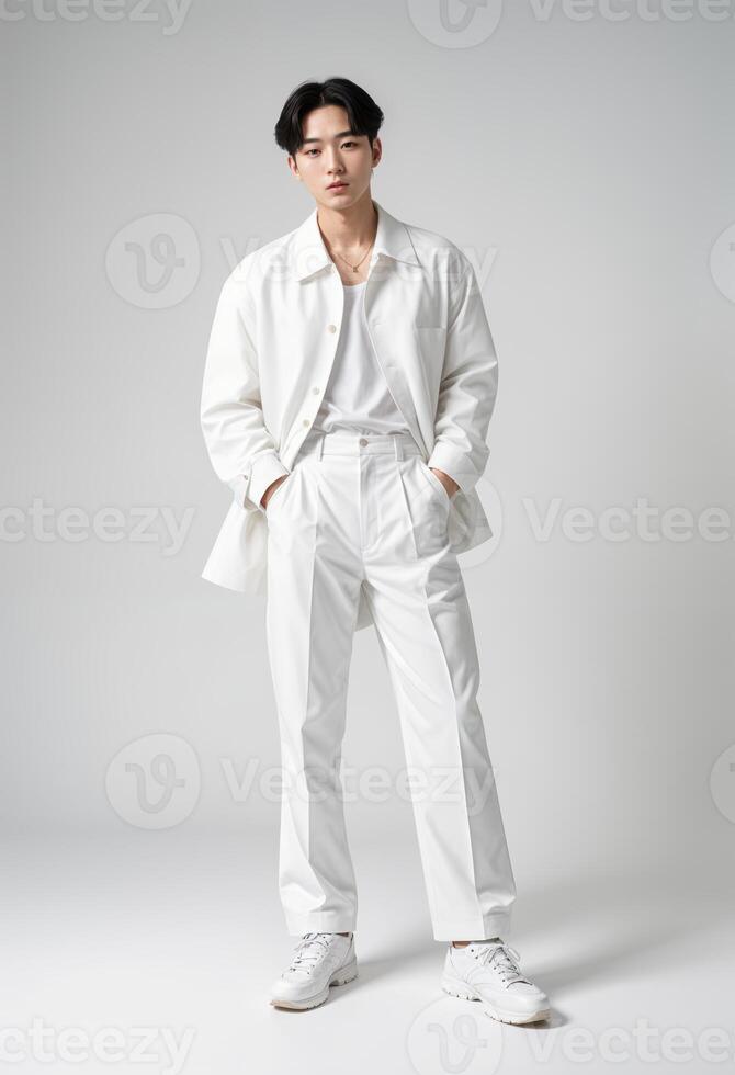 Young Korean Man in All-White Fashion Outfit. poses confidently against a neutral background. His modern style is complemented by white sneakers, creating a chic and contemporary look. photo