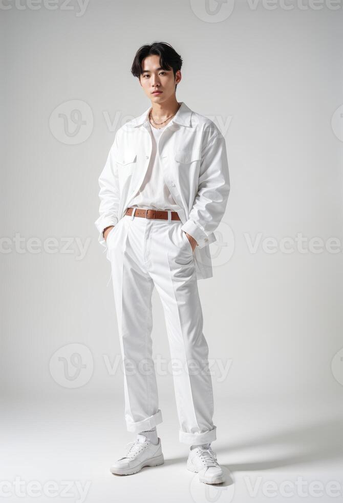 Young Korean Man in All-White Fashion Outfit. poses confidently against a neutral background. His modern style is complemented by white sneakers, creating a chic and contemporary look. photo