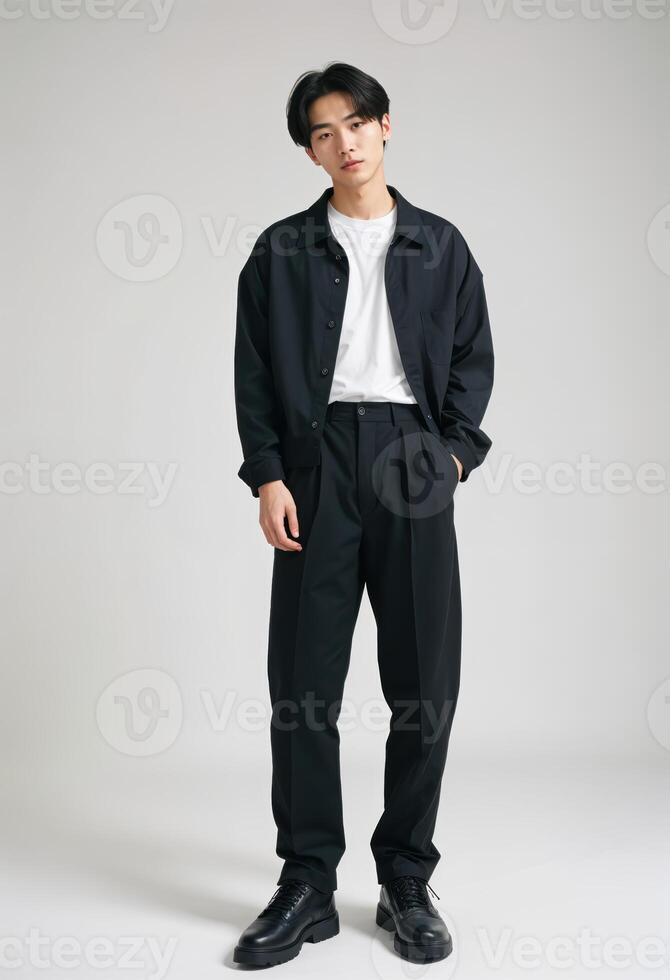 Young Korean Man in Black Outfit. poses confidently against a neutral background. photo
