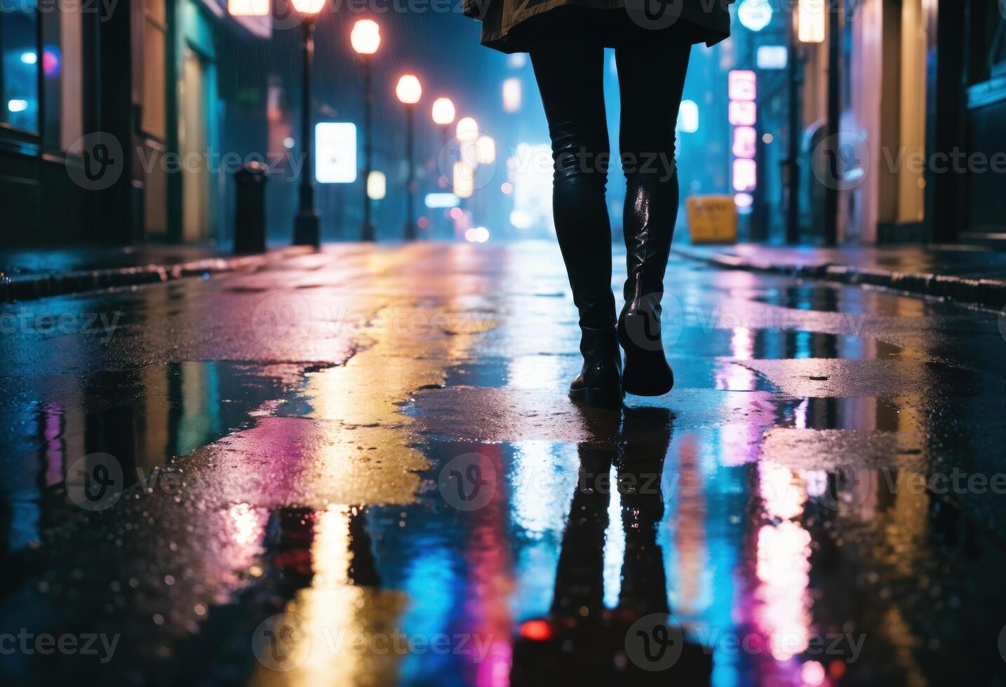 A person walks through a wet, neon-lit city street at night, with colorful reflections on the pavement, capturing the dynamic urban nightlife. photo