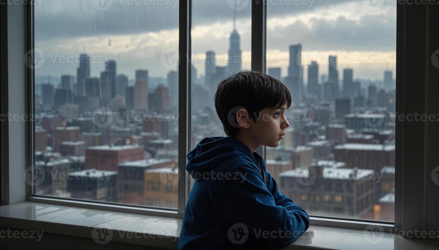 Boy looking out at rainy cityscape from window. The urban skyline is shrouded in mist, creating a moody and contemplative atmosphere. photo