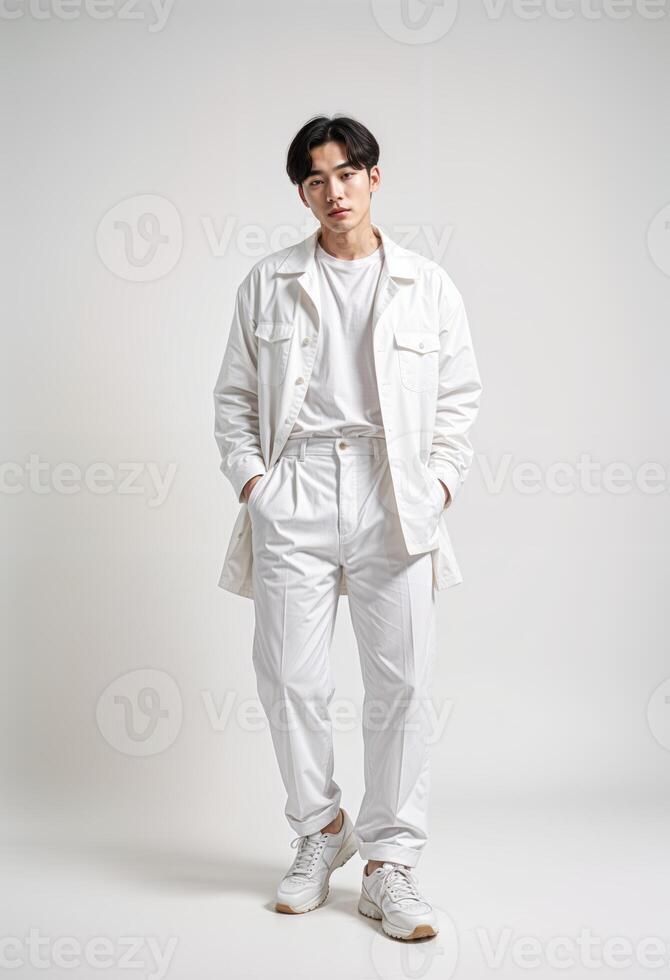 Young Korean Man in All-White Fashion Outfit. poses confidently against a neutral background. His modern style is complemented by white sneakers, creating a chic and contemporary look. photo