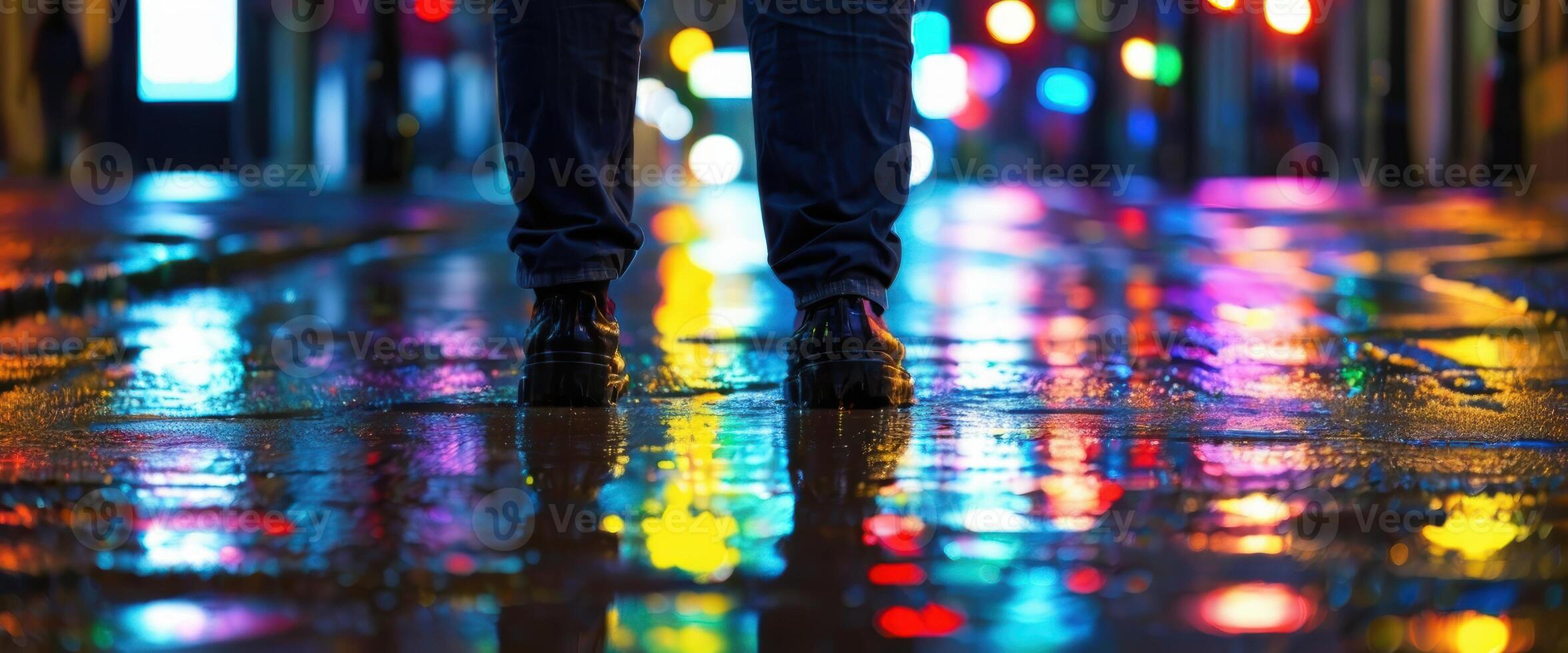A person walks through a wet, neon-lit city street at night, with colorful reflections on the pavement, capturing the dynamic urban nightlife. photo