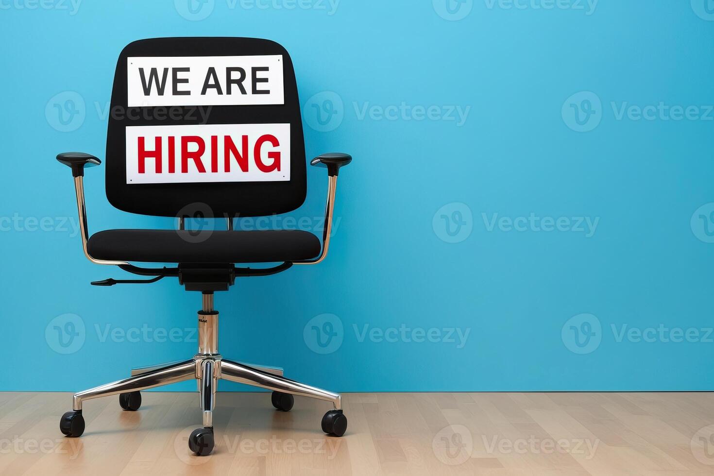 Office chair with We Are Hiring text on blue Background, symbolizing job opportunities and recruitment. photo