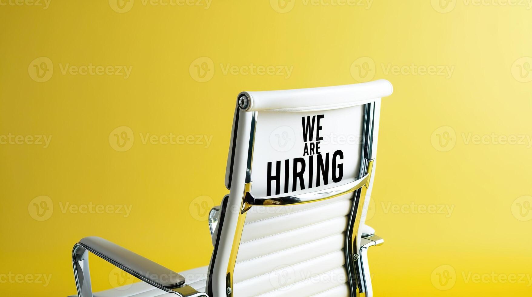 White office chair with We Are Hiring text displayed on its backrest, set against a vibrant yellow background, symbolizing job opportunities and recruitment. photo