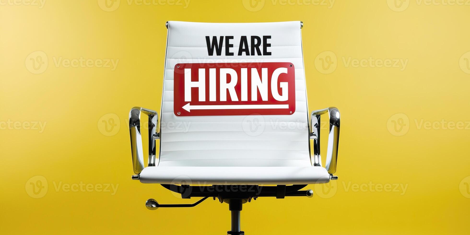 White office chair with We Are Hiring text displayed on its backrest, set against a vibrant yellow background, symbolizing job opportunities and recruitment. photo