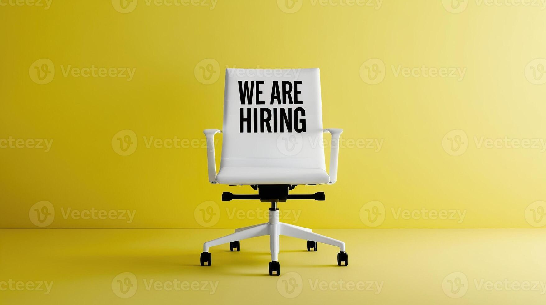 White office chair with We Are Hiring text displayed on its backrest, set against a vibrant yellow background, symbolizing job opportunities and recruitment. photo