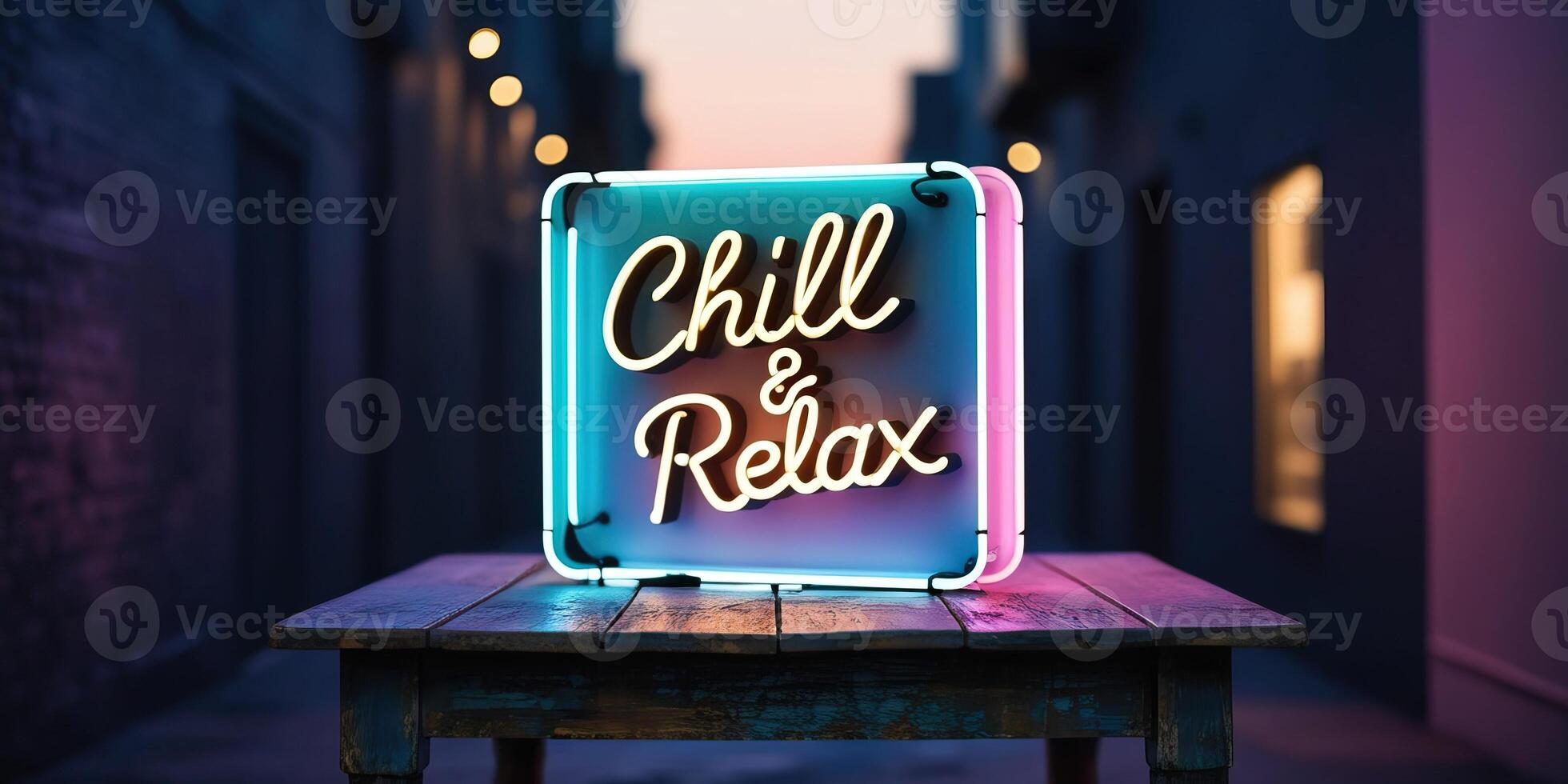 Neon sign on wooden table with Chill and Relax text, relaxed and cozy atmosphere. photo