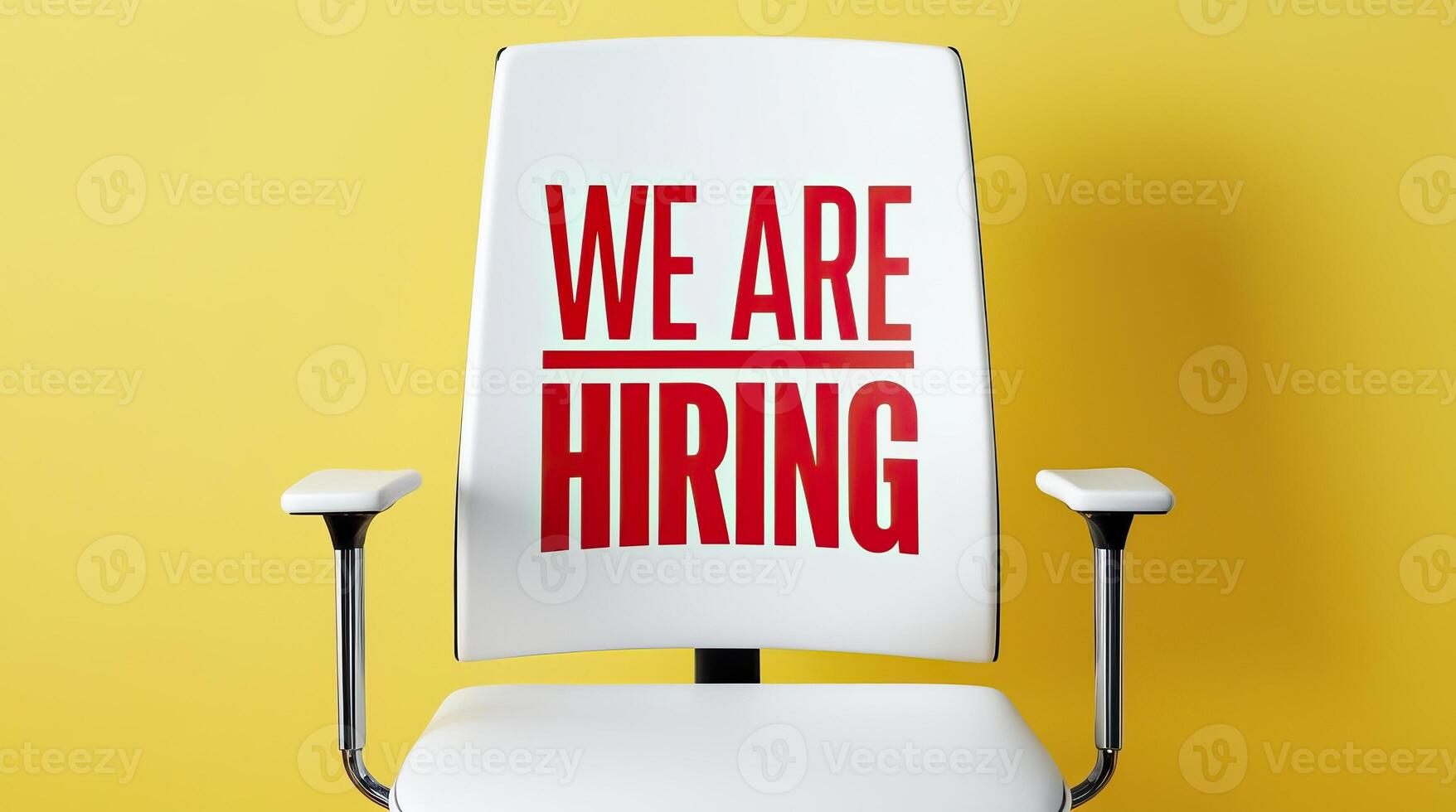 White office chair with We Are Hiring text displayed on its backrest, set against a vibrant yellow background, symbolizing job opportunities and recruitment. photo