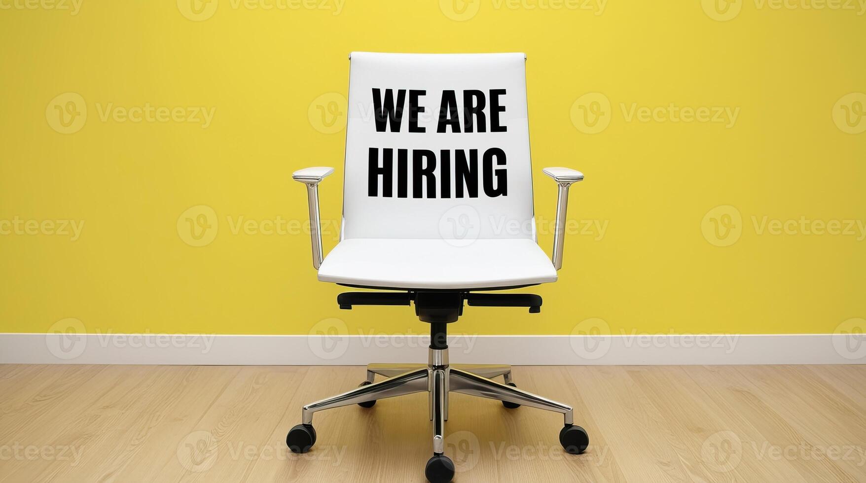 White office chair with We Are Hiring text displayed on its backrest, set against a vibrant yellow background, symbolizing job opportunities and recruitment. photo