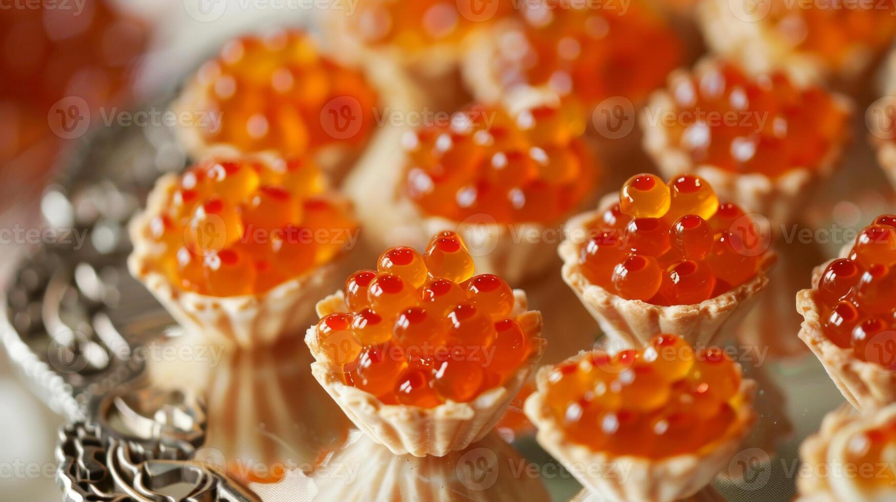 Close-up of tartlets filled with red caviar on a silver tray. photo