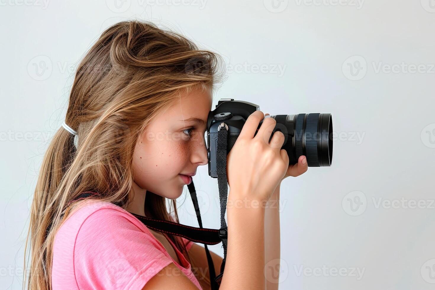 a girl photographer holding DSLR camera take photo , word international photo day concept