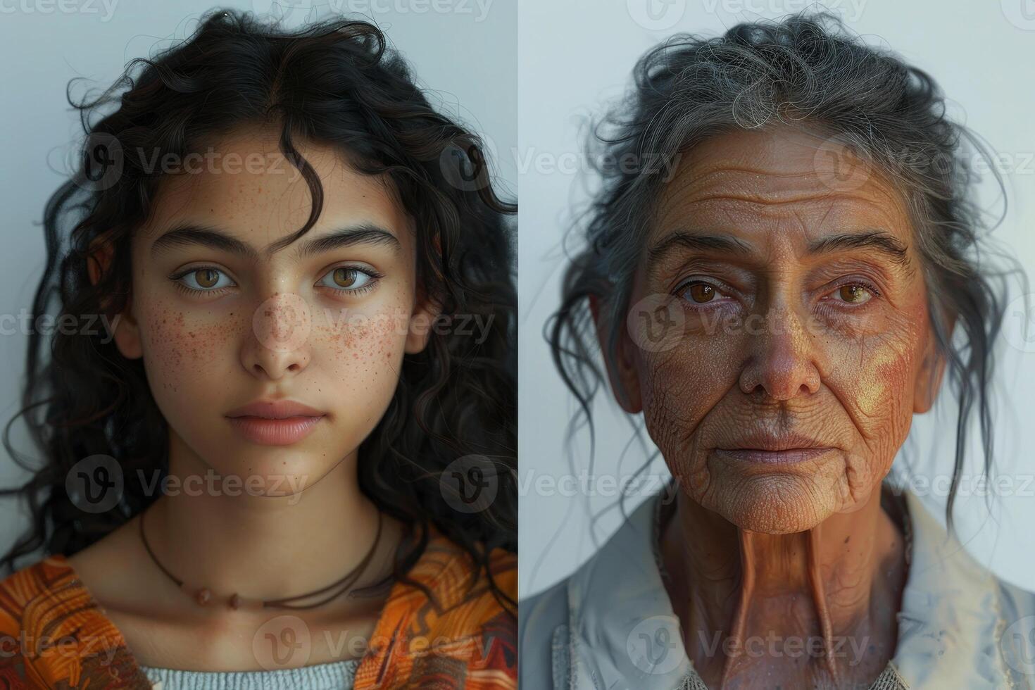 face of woman young and old age two parts of the face of life aging human . photo
