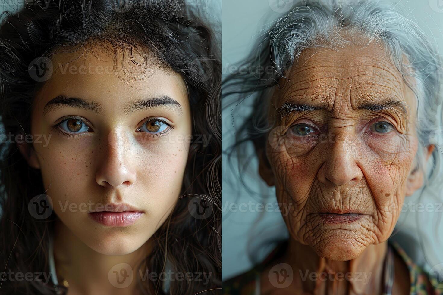 face of woman young and old age two parts of the face of life aging human . photo