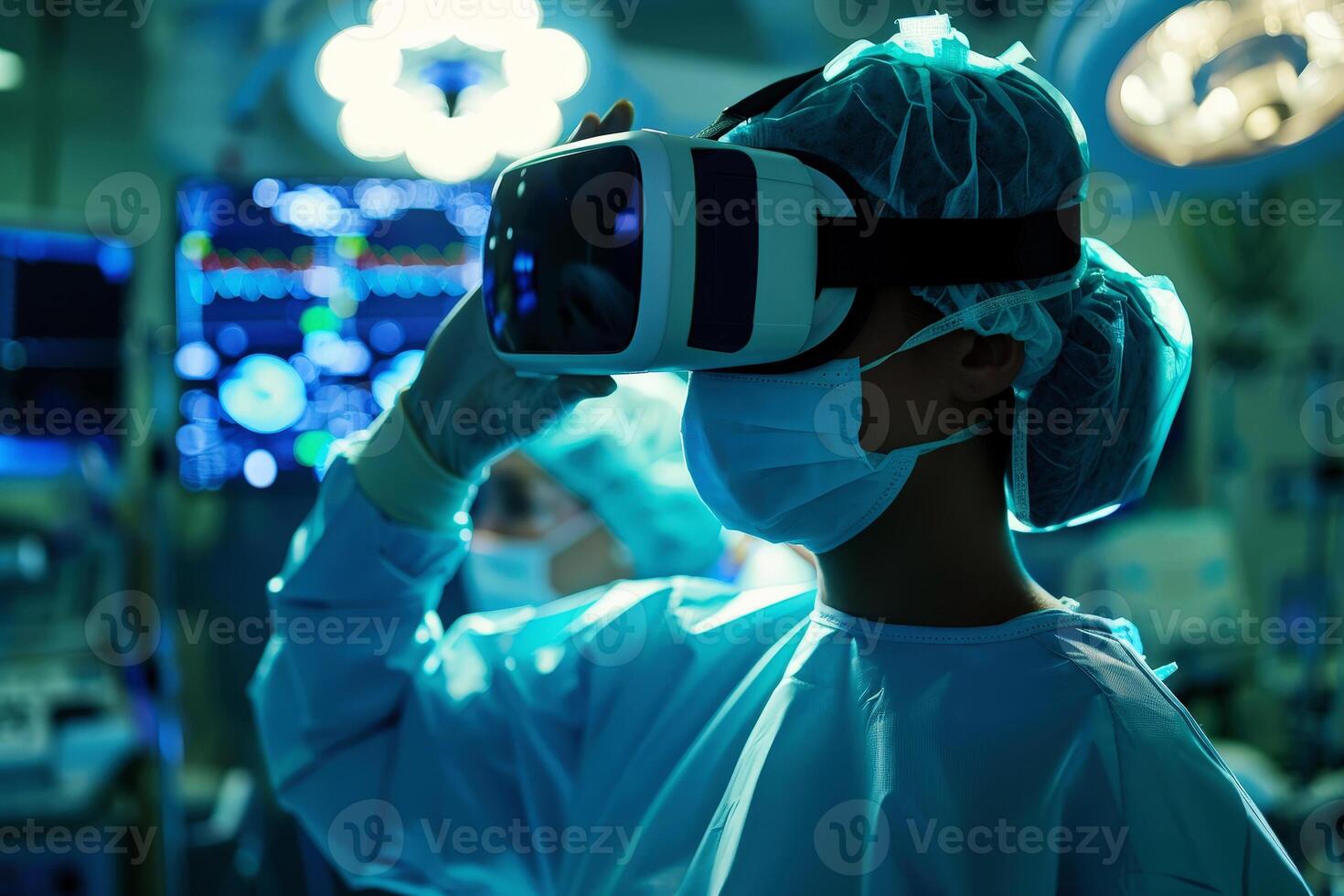 A medical professionals engages with virtual reality interfaces to analyze and diagnose patient data. photo