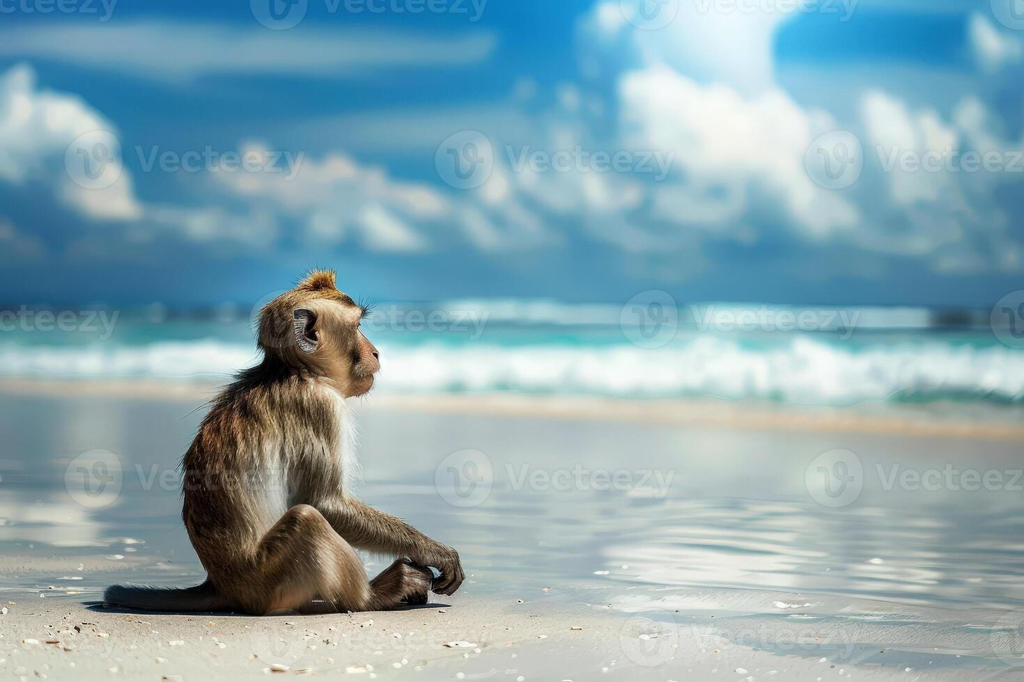 A monkey look out on the beach basks in the summer sun on the beach. Animal on warm sand surrounded by sea water photo