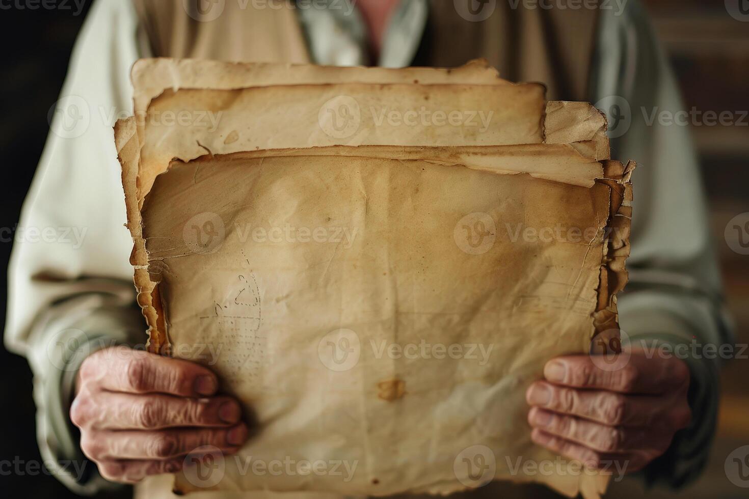 Hand man holding on an old aged weathered antique vintage retro paper. photo
