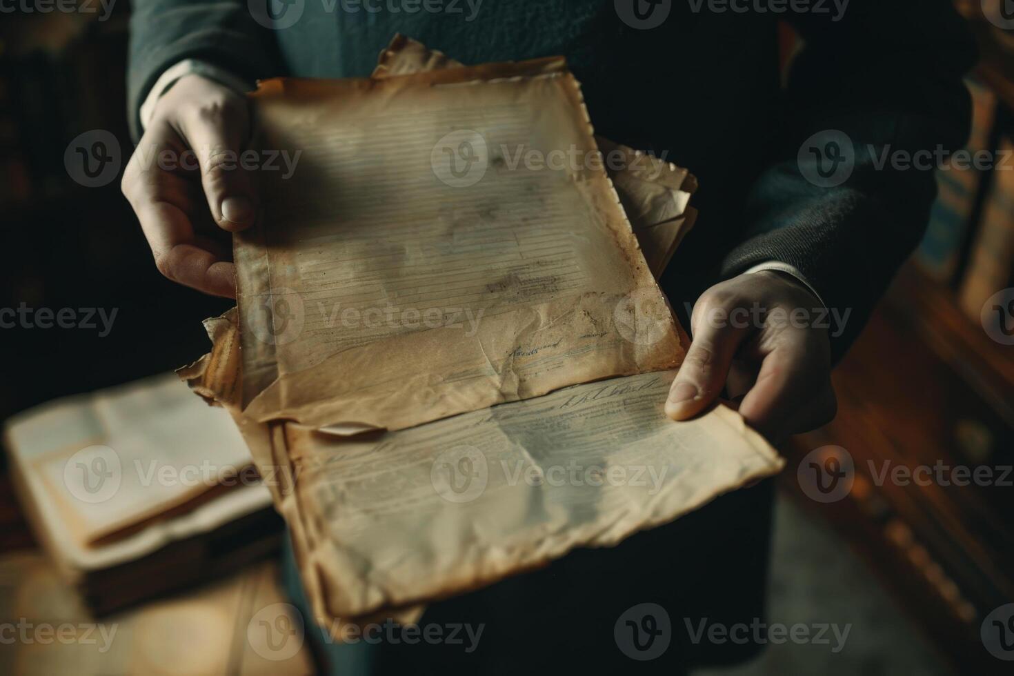 Hand man holding on an old aged weathered antique vintage retro paper. photo
