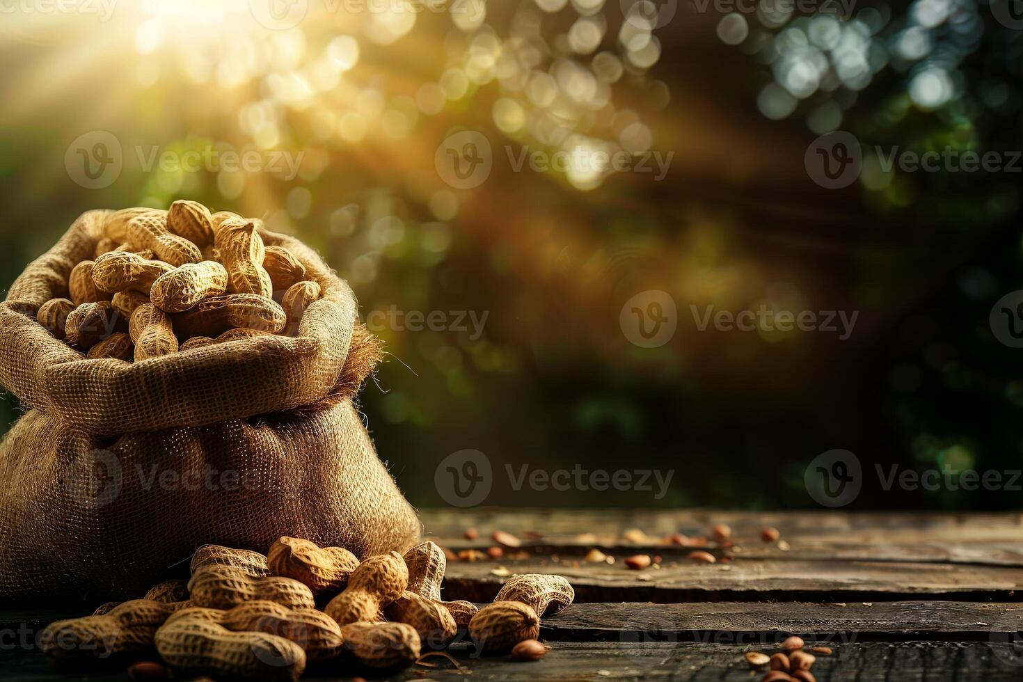 Peanuts in a burlap bag on a wooden background. Selective focus. shallow depth of field Healthy nut snack in rustic burlap sack generated by artificial intelligence. photo