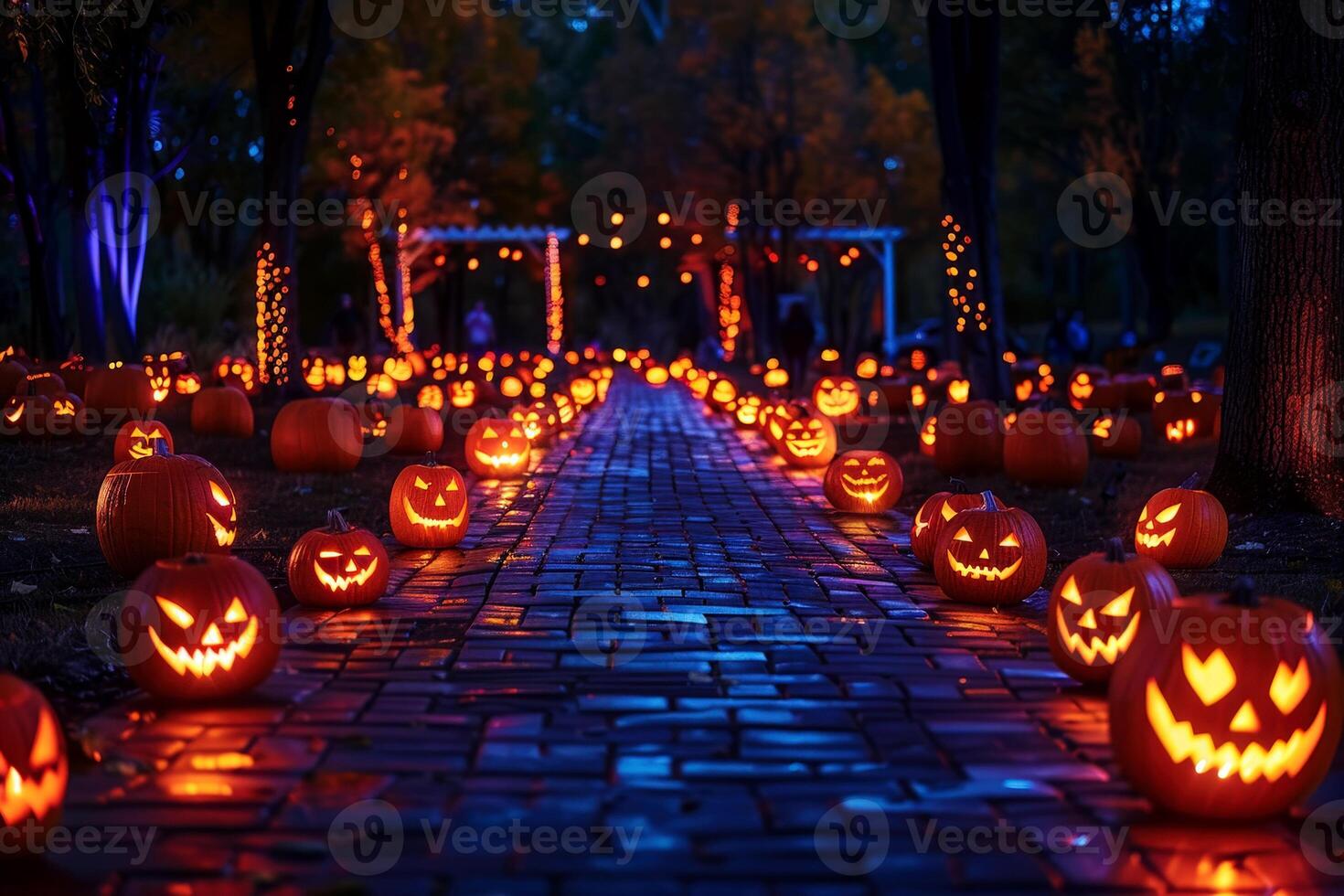 a pathway illuminated by glowing pumpkins, leading the way to a haunted house or Halloween event photo