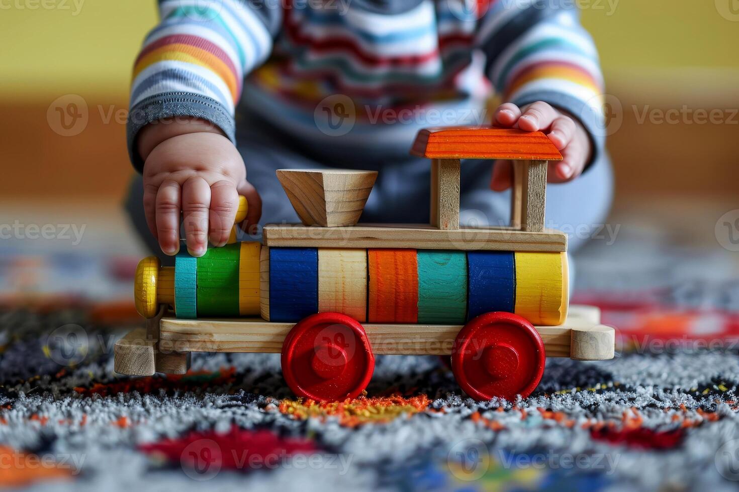 a baby playing Wooden toy locomotive. learning and education concept. photo