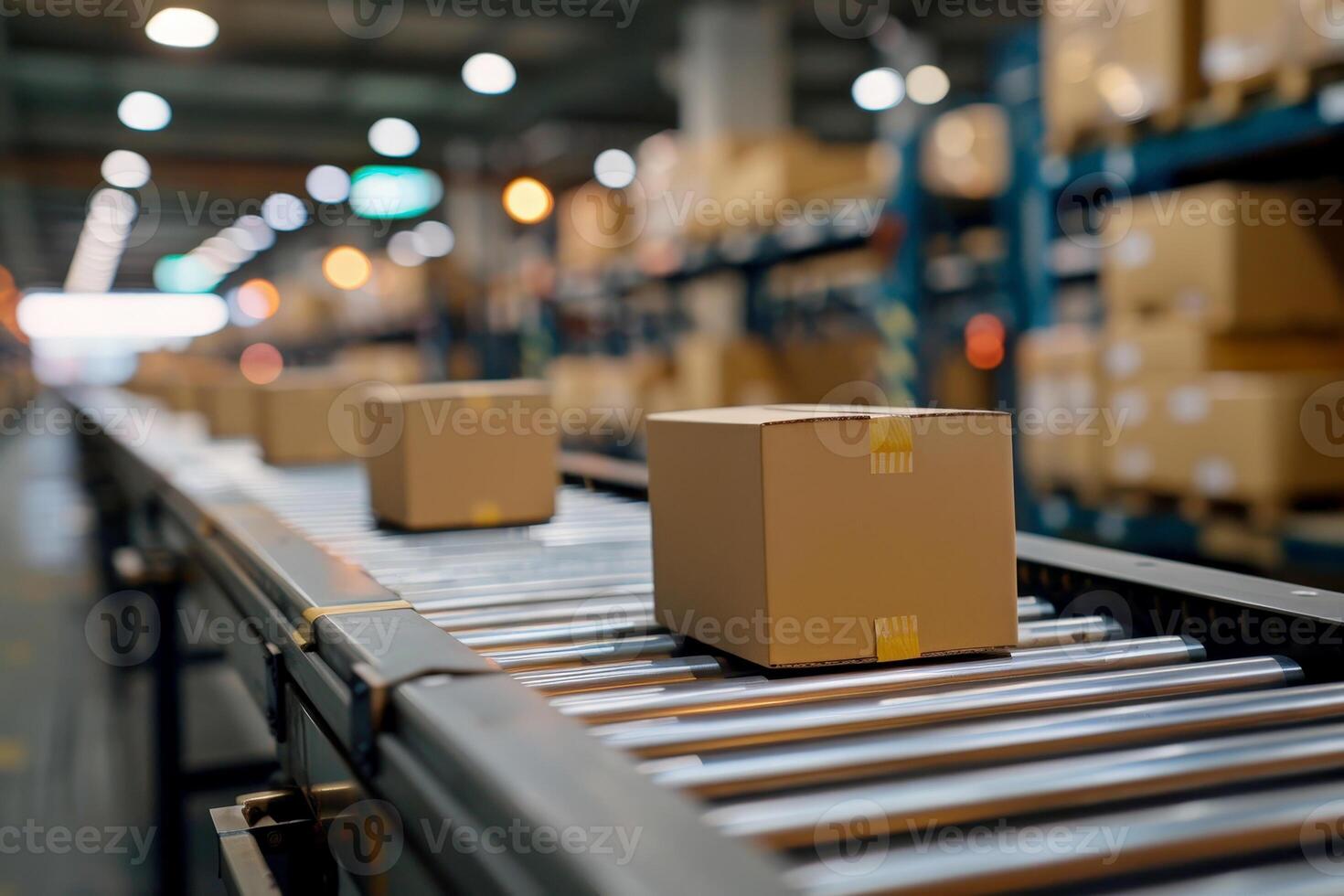 Boxes for mockup on conveyor rollers belt ready to be shipped. Shipping and transfer of goods. photo