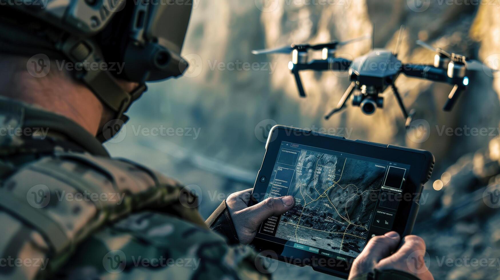 A soldier hold tablet in the field, operating drones. . A drone controller and camera visuals on a smartphone. photo