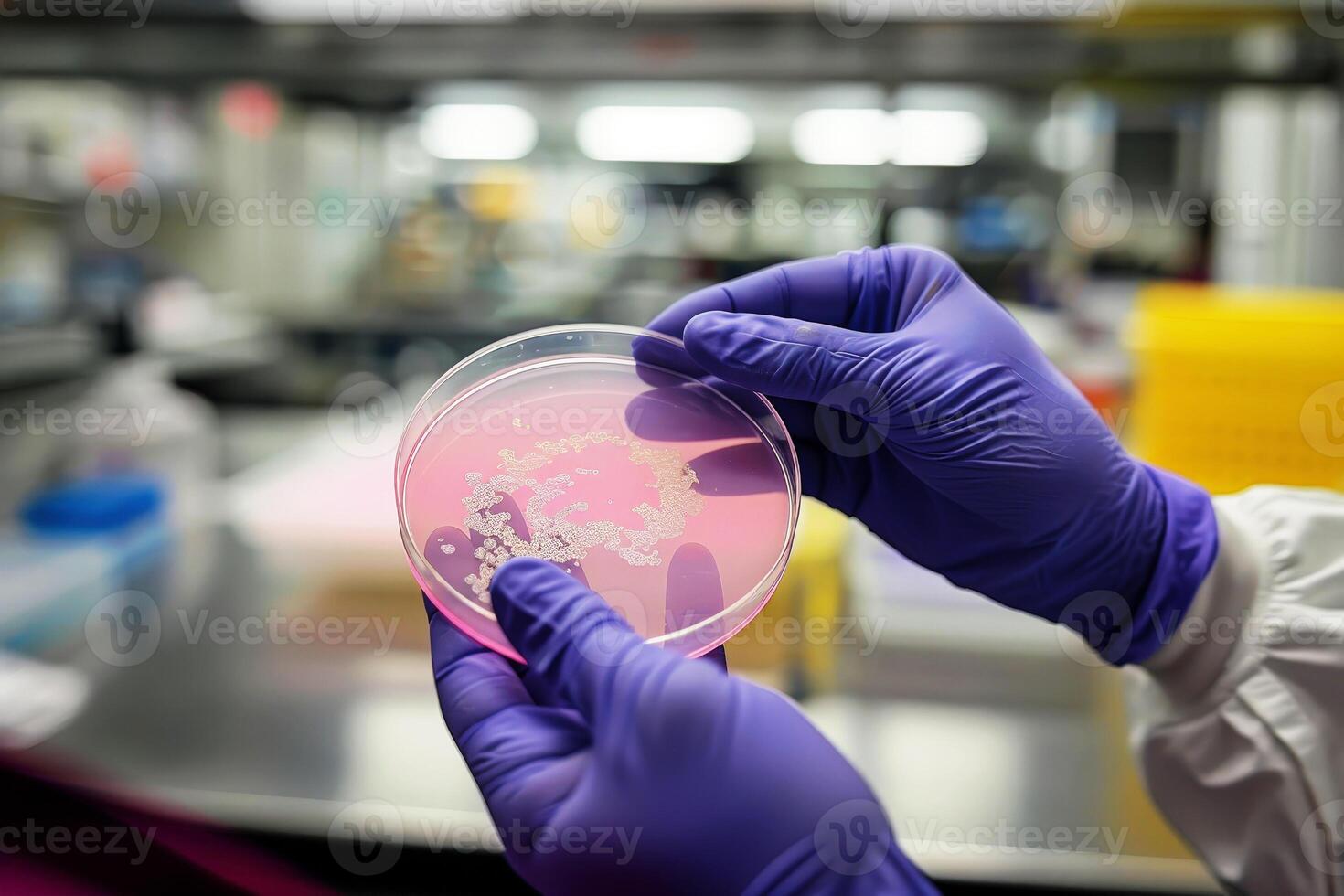 Scientist wearing gloves holding a petri dish with bacteria or virus in the laboratory. photo
