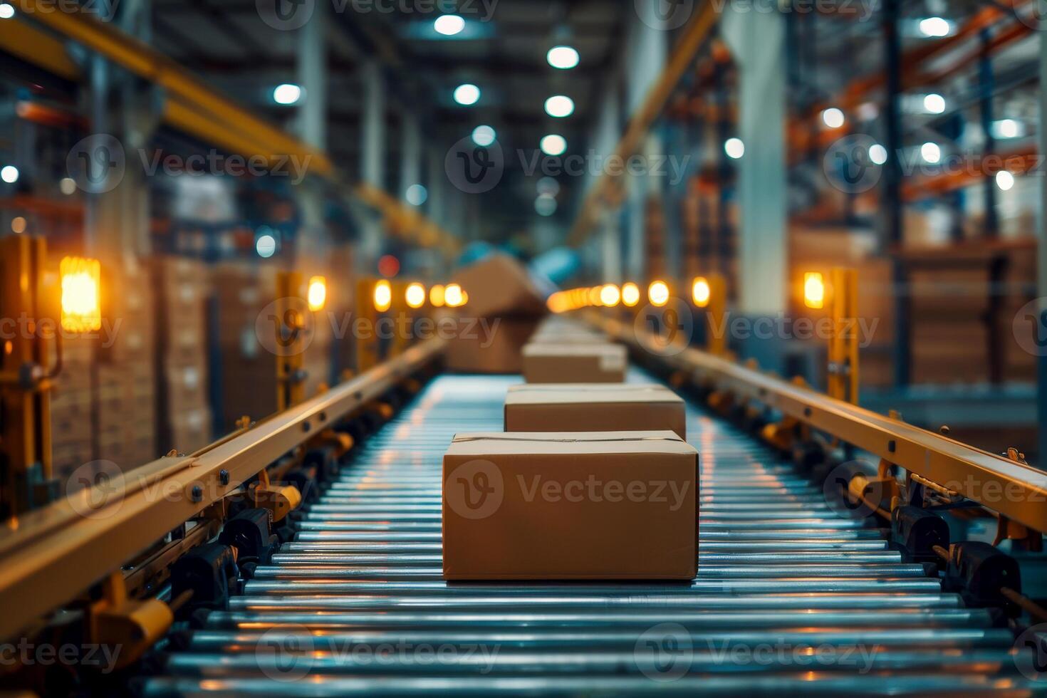 Boxes for mockup on conveyor rollers belt ready to be shipped. Shipping and transfer of goods. photo