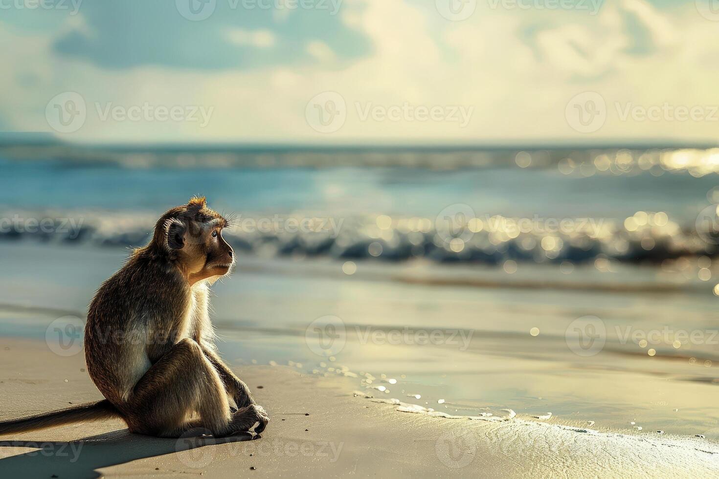 A monkey look out on the beach basks in the summer sun on the beach. Animal on warm sand surrounded by sea water photo